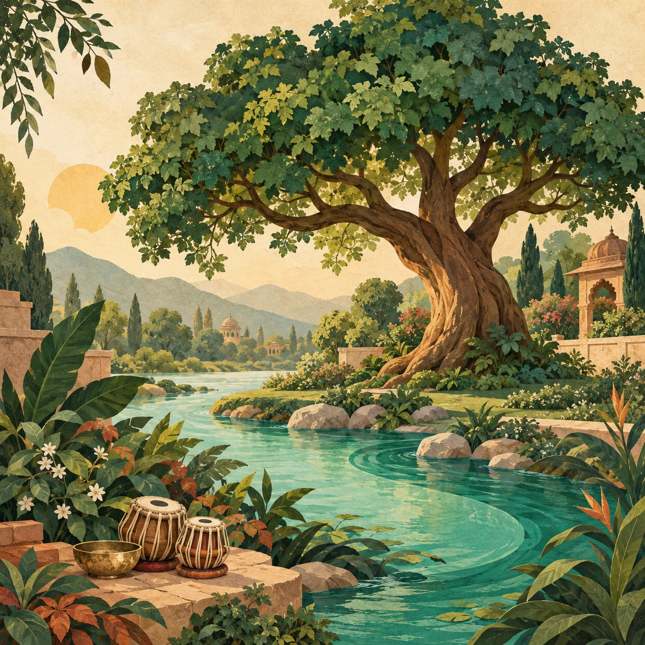 An illustrated garden with a sheltering tree, flowing river, tabla and a brass bowl.